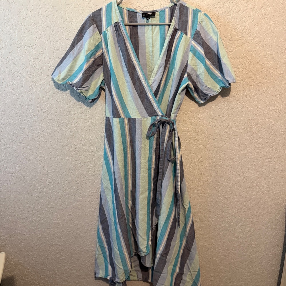 Bobeau Striped Wrap Dress Large Coastal Boho Summer Blue Green